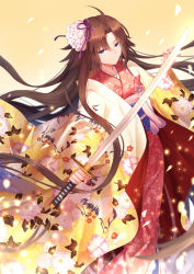 Rule 34 | 1girl, ahoge, blue eyes, brown hair, chrysanthemum print, closed mouth, commentary, fate/grand order, fate (series), floral print, flower, gogatsu fukuin, hair between eyes, hair flower, hair ornament, highres, holding, holding sword, holding weapon, japanese clothes, kara no kyoukai, katana, kimono, long hair, long sleeves, looking at viewer, obi, pink flower, print kimono, red kimono, ryougi shiki, ryougi shiki (third ascension), sash, smile, solo, sword, very long hair, weapon, wide sleeves