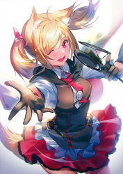 Rule 34 | 1girl, ;d, animal ears, arknights, black gloves, black vest, blonde hair, breasts, collared shirt, commentary, fang, gloves, hands up, has otm, holding, holding microphone, hood, hooded vest, hoodie, long hair, long sleeves, looking at viewer, medium breasts, microphone, necktie, one eye closed, open mouth, outstretched arm, outstretched hand, red eyes, red necktie, red skirt, shirt, skin fang, skirt, smile, solo, sora (arknights), standing, swept bangs, tail, twintails, vest, white shirt, wolf ears, wolf girl, wolf tail