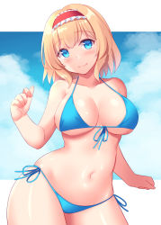 Rule 34 | 1girl, alice margatroid, bikini, blonde hair, blue bikini, blue eyes, blue sky, breasts, closed mouth, cloud, commentary request, day, hairband, halterneck, large breasts, looking at viewer, navel, red hairband, short hair, side-tie bikini bottom, simple background, sky, smile, solo, string bikini, swimsuit, tokyo yamane, touhou, white background