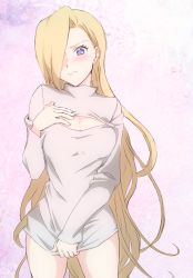 Rule 34 | 1girl, blonde hair, blue eyes, blush, bottomless, breasts, cleavage, cleavage cutout, clothing cutout, dress, hair over one eye, large breasts, long hair, meme attire, naruto (series), naruto shippuuden, ono nozomi (kinoko), open-chest sweater, purple eyes, solo, sweater, sweater dress, turtleneck, very long hair, yamanaka ino