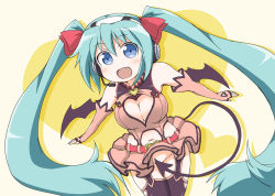 Rule 34 | 1girl, aqua eyes, aqua hair, bat wings, blush, breasts, censored, cleavage, cleavage cutout, clothing cutout, convenient censoring, demon tail, elbow gloves, fang, fingerless gloves, garter straps, gloves, hair ribbon, hatsune miku, headphones, headset, heart, heart cutout, heart hunter, long hair, naitou kouse, navel, no panties, project diva, project diva (series), ribbon, skirt, smile, solo, tail, tail censor, thighhighs, twintails, very long hair, vocaloid, wings, zettai ryouiki