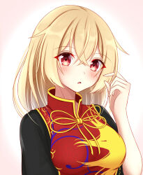 Rule 34 | 1girl, alternate hair length, alternate hairstyle, black dress, blonde hair, blush, bow, bowtie, breasts, chinese clothes, commentary request, crossed bangs, dress, gradient background, hair between eyes, hand up, highres, junko (touhou), long sleeves, looking at viewer, mandarin collar, medium breasts, musteflott419, no headwear, open mouth, pink background, red eyes, red tabard, short hair, simple background, solo, tabard, tongue, touhou, upper body, white background, wide sleeves, yellow bow, yellow bowtie