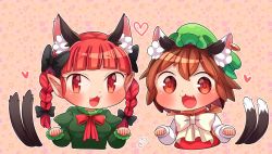 Rule 34 | 2girls, :3, animal ears, black bow, blush, bow, bowtie, braid, breasts, brown hair, cat ears, cat tail, chen, chinese clothes, commentary request, dress, earrings, extra ears, fang, frills, green dress, green hat, hair between eyes, hair bow, hands up, hat, heart, highres, ibaraki natou, jewelry, juliet sleeves, kaenbyou rin, long sleeves, looking at viewer, messy hair, mob cap, multiple girls, multiple tails, nekomata, open mouth, patterned background, pointy ears, puffy sleeves, red eyes, red hair, red neckwear, red vest, shirt, short hair, signature, single earring, tail, touhou, twin braids, two tails, vest, white shirt, yellow neckwear