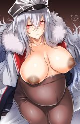 Rule 34 | 1girl, azur lane, black coat, black pantyhose, breasts, breasts apart, breasts out, coat, collarbone, covered navel, cowboy shot, dark areolae, fur trim, graf zeppelin (azur lane), hair between eyes, hat, kuronyan, large breasts, long hair, looking at viewer, maternity pantyhose, nipples, open mouth, pantyhose, peaked cap, pregnant, red eyes, simple background, sitting, solo, white hair