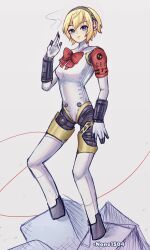 Rule 34 | 1girl, aegis (persona), arm up, artist name, blonde hair, blue eyes, bow, bowtie, commentary, english commentary, full body, hairband, highres, joints, looking at viewer, none1504, persona, persona 3, persona 3 reload, photo-referenced, red bow, red bowtie, robot girl, robot joints, short hair, smoke, solo, standing