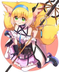Rule 34 | 1girl, absurdres, animal ear fluff, animal ears, arknights, bare shoulders, belt pouch, black gloves, blonde hair, blue hairband, circle, closed mouth, commentary, dress, fox ears, fox tail, frilled dress, frills, full body, gloves, green eyes, hairband, highres, holding, holding staff, ijipiku, infection monitor (arknights), large tail, looking at viewer, multiple tails, off-shoulder dress, off shoulder, pantyhose, pouch, red background, shoes, simple background, single glove, sitting, smile, solo, staff, suzuran (arknights), tail, tareme, two-tone background, vial, wariza, white background, white pantyhose