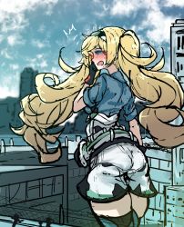 Rule 34 | absurdres, back, blonde hair, blue eyes, blush, city, crying, embernaga, gambier bay (kancolle), giant, giantess, gloves, hairband, hand on own face, highres, kantai collection, looking back, open mouth, short sleeves, shorts, solo, surprised, tears, twintails