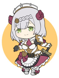 Rule 34 | 1girl, armor, armored boots, black gloves, boots, braid, breastplate, breasts, chibi, closed mouth, commentary request, flower, full body, genshin impact, gloves, green eyes, grey hair, hair flower, hair ornament, medium breasts, noelle (genshin impact), nyaru (nyaru 4126), orange background, pauldrons, purple flower, purple rose, purple skirt, rose, shoulder armor, skirt, smile, solo, standing, sword, two-tone background, vambraces, weapon, white background, white gloves