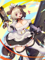 Rule 34 | 1girl, animal ears, black hair, black skirt, blue background, breasts, cleavage, collar, dog ears, dog girl, dog tail, gun, hachiko of castling, heart, highres, holding, holding gun, holding weapon, juliet sleeves, large breasts, last origin, long sleeves, looking at viewer, multicolored hair, open mouth, pixiv id, puffy sleeves, red collar, short hair, signature, skirt, solo, split-color hair, tail, teeth, thighhighs, twitter username, two-tone background, two-tone hair, umigarasu (kitsune1963), upper teeth only, weapon, white hair, white thighhighs, yellow background