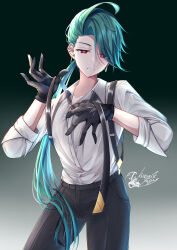 Rule 34 | 1girl, absurdres, ahoge, black gloves, black necktie, black pants, bright pupils, buttons, clenched teeth, collared shirt, commentary request, cowboy shot, creatures (company), earrings, game freak, gloves, gradient background, green hair, half-closed eyes, hands up, highres, jewelry, kunose yaryu, long hair, necktie, nintendo, pants, pokemon, pokemon sv, ponytail, red eyes, rika (pokemon), shirt, signature, sleeves rolled up, solo, suspenders, teeth, white pupils
