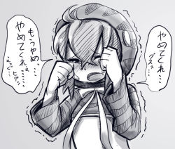 Rule 34 | 10s, 1girl, clenched hand, commentary request, crying, diz (diznaoto), greyscale, hands on own face, hood, kemono friends, long sleeves, monochrome, neck ribbon, open mouth, out of character, ribbon, short hair, solo, tears, translation request, trembling, tsuchinoko (kemono friends), upper body