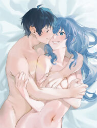 Rule 34 | 1boy, 1girl, :d, absurdres, bed sheet, black eyes, black hair, blue eyes, blue hair, blush, breasts, cleavage, closed mouth, collarbone, commission, completely nude, couple, eye contact, from above, grin, highres, hug, hug from behind, jaku-chara tomozaki-kun, long hair, looking at another, lying, medium breasts, nanami minami, navel, nude, on back, on bed, open mouth, parted lips, pixiv commission, short hair, smile, sunao (souis), tomozaki fumiya, upper body