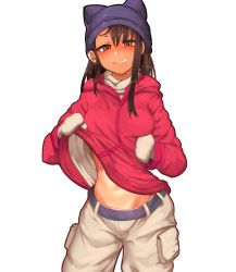 Rule 34 | 1girl, absurdres, animal hat, blush, breast lift, breasts, brown eyes, cabbie hat, cargo pants, casual, cat hat, clothes lift, coat, coat lift, commentary, dark-skinned female, dark skin, english commentary, grin, groin, hat, highres, hood, hood down, hooded coat, ijiranaide nagatoro-san, lifted by self, long hair, looking at viewer, midriff, midriff peek, mittens, nagatoro hayase, navel, nose blush, nyxkz, pants, red coat, shirt lift, small breasts, smile, solo, stomach, toned, winter clothes