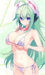 1girl ahoge artist_name azure_striker_gunvolt bikini breasts cowboy_shot green_hair gunvolt_chronicles_luminous_avenger_ix headgear highres large_breasts lololotton micro_bikini mother_(luminous_avenger_ix) roro_(gunvolt) side-tie_bikini_bottom solo swimsuit white_bikini