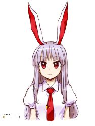 Rule 34 | 1girl, :3, closed mouth, highres, itou yuuji, long hair, looking at viewer, necktie, puffy short sleeves, puffy sleeves, purple hair, red eyes, red necktie, reisen udongein inaba, shirt, short sleeves, simple background, solo, touhou, translation request, upper body, white background, white shirt