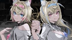 Rule 34 | 2girls, angeldu, belt collar, black collar, blonde hair, blue eyes, blue hair, blue nails, collar, cropped shirt, dress, fuwawa abyssgard, fuwawa abyssgard (1st costume), holding hands, hololive, hololive english, long hair, looking at viewer, mococo abyssgard, mococo abyssgard (1st costume), multicolored hair, multiple girls, pink eyes, pink hair, pink nails, shirt, short hair, siblings, sisters, smile, spiked collar, spikes, streaked hair, twins, two side up, virtual youtuber, white dress, white shirt