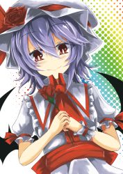 Rule 34 | 1girl, akisome hatsuka, ascot, bat wings, flower, from below, hat, holding, looking at viewer, mob cap, purple hair, red eyes, remilia scarlet, rose, short hair, smile, solo, touhou, wings, wrist cuffs