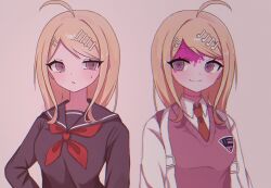 Rule 34 | 2girls, ahoge, akamatsu kaede, black sailor collar, black shirt, blood, blood on face, breasts, brown necktie, collared shirt, danganronpa (series), danganronpa v3: killing harmony, dual persona, fortissimo, hair ornament, highres, large breasts, multiple girls, musical note, musical note hair ornament, neckerchief, necktie, official alternate costume, parted lips, pink blood, pink sweater vest, red neckerchief, ringo ame no ria, sailor collar, shirt, smile, sweater vest, teeth
