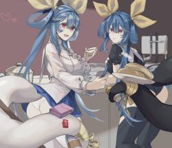 Rule 34 | 2girls, alternate color, ass, black panties, black thighhighs, blue hair, blush, bottle, box, breasts, butt crack, candy, cooking, cup, dizzy (guilty gear), dual persona, food, frilled shirt, frills, gloves, guilty gear, guilty gear xrd, hair between eyes, hair ribbon, hair rings, heart, highres, indoors, kitchen, ladle, large breasts, long sleeves, monster girl, multiple girls, oeillet vie, open mouth, panties, plate, pot, red eyes, ribbon, shirt, short sleeves, sidelocks, tail, tail ornament, tail ribbon, thick thighs, thighhighs, thighs, twintails, underwear, white gloves, white panties, white thighhighs, yellow ribbon