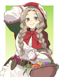 Rule 34 | 1girl, aged down, apron, basket, belt, blush stickers, capelet, dress, etrian odyssey, farmer (sekaiju), farmer 5 (sekaiju), gloves, green dress, grey eyes, grey hair, highres, hood, hooded capelet, long hair, looking at viewer, mya-zawa, red capelet, scissors, sekaiju no meikyuu hd, smile, solo, twintails, white apron, white gloves