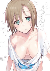 Rule 34 | 1girl, aqua eyes, bare shoulders, blush, breasts, brown hair, collarbone, commentary, downblouse, extended downblouse, hanging breasts, highres, idolmaster, idolmaster cinderella girls, kiyu rei, leaning forward, looking at viewer, loose clothes, loose shirt, medium breasts, navel, no bra, open mouth, shirt, short sleeves, solo, tada riina, translated, white background, white shirt
