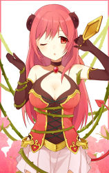 Rule 34 | 1girl, blush, breasts, brown choker, brown gloves, chest jewel, chisumi, choker, cleavage, copyright request, curled horns, demon horns, elbow gloves, gloves, grey skirt, hand up, highres, holding, horns, io (princess connect!), large breasts, light blush, long hair, one eye closed, parted lips, pink hair, plant, pleated skirt, princess connect!, princess connect!, red eyes, skirt, solo, vest, vines
