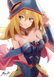 Rule 34 | 1girl, blonde hair, blue hat, blush stickers, breasts, choker, collar, dark magician girl, dated, duel monster, gem, green eyes, hair between eyes, hat, highres, long hair, looking at viewer, medium breasts, pentacle, punished pigeon, signature, simple background, skirt, smile, solo, twitter username, upper body, white background, wizard hat, yellow choker, yu-gi-oh!