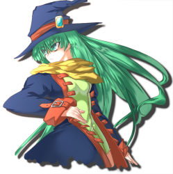 Rule 34 | 1girl, 3peso, alice soft, blue eyes, female focus, green hair, hat, long hair, masou shizuka, rance (series), scarf, serious, simple background, solo, white background, witch hat