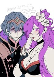 Rule 34 | 1girl, bikini, black bikini, black choker, breasts, byleth (fire emblem), byleth (male) (fire emblem), byleth (male) (khadein) (fire emblem), choker, cleavage, enlightened byleth (male), fire emblem, fire emblem: three houses, fire emblem heroes, fire emblem warriors: three hopes, flower, hair bun, hair flower, hair ornament, hair over one eye, highres, large breasts, long hair, looking at viewer, negiwo, nintendo, official alternate costume, partially colored, purple eyes, purple hair, shez (female) (fire emblem), shez (female) (summer) (fire emblem), shez (fire emblem), simple background, single hair bun, swimsuit