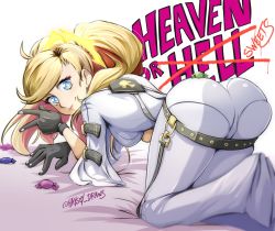 Rule 34 | 1girl, all fours, ass, blonde hair, blue eyes, blush, bodysuit, breasts, cameltoe, candy, cosplay, food, from behind, gloves, guilty gear, guilty gear xrd, halo, haysey, highres, jack-o&#039; valentine, jack-o&#039; valentine (cosplay), long hair, looking at viewer, medium breasts, pantylines, persona, persona 5, shiny clothes, sideboob, skin tight, smile, solo, takamaki anne, top-down bottom-up, twintails