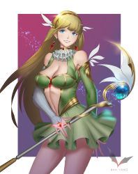 Rule 34 | 1girl, absurdres, bad id, bad pixiv id, ban yang, blonde hair, blue eyes, breasts, cleavage, detached sleeves, earrings, green skirt, hair ornament, hairband, highres, holding, holding staff, jewelry, large breasts, long hair, looking at viewer, magical girl, navel, parted lips, ring, skirt, smile, solo, staff, standing