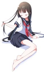 Rule 34 | 1girl, arm support, barefoot, black hair, blue skirt, buchi (y0u0ri ), closed eyes, feet, female focus, highres, leaning to the side, long hair, original, playing with own hair, pleated skirt, red neckwear, school uniform, simple background, sitting, skirt, smile, solo, white background