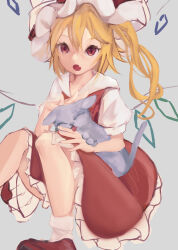 Rule 34 | 1girl, absurdres, adapted costume, animal, blonde hair, cat, fang, flandre scarlet, foot out of frame, frilled skirt, frills, grey background, grey cat, hat, hat ribbon, head tilt, highres, holding, holding animal, holding cat, long hair, looking at viewer, mob cap, open mouth, puffy short sleeves, puffy sleeves, red eyes, red footwear, red ribbon, red skirt, red vest, ribbon, ribbon-trimmed headwear, ribbon trim, shirt, short sleeves, simple background, skin fang, skirt, skirt set, socks, solo, suigetsu-mitsuki, touhou, vest, white hat, white shirt, white socks, wings