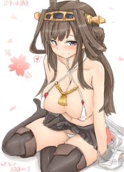 Rule 34 | 10s, 1girl, areola slip, bare shoulders, blush, boots, bra, breasts, brown hair, cleavage, covered erect nipples, double bun, earrings, headrest, heart, highres, huge breasts, jewelry, kantai collection, kongou (kancolle), long hair, looking at viewer, nipples, nontraditional miko, okiraku nikku, panties, purple eyes, sitting, smile, solo, thigh boots, thighhighs, underwear