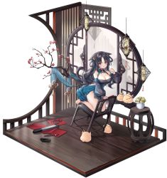Rule 34 | 1girl, alic miao, animal ears, anklet, azur lane, bare shoulders, barefoot, black hair, blue dress, blush, braid, branch, breasts, chair, cleavage, detached sleeves, dress, flower, folding fan, hair ornament, hand fan, highres, jewelry, lantern, long hair, looking at viewer, manjuu (azur lane), official alternate costume, official art, ooshio (azur lane), ooshio (bringer of fortunes) (azur lane), open mouth, red eyes, seiza, sitting, transparent background, wooden floor