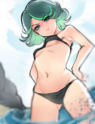 Rule 34 | 1girl, :t, adapted costume, armpits, bare shoulders, bikini, black bikini, blue sky, blurry, blush, breasts, closed mouth, clothes writing, curly hair, day, depth of field, from below, green eyes, green hair, hands on own hips, highres, looking down, matching hair/eyes, multicolored hair, navel, ocean, one-punch man, pout, shore, short hair, sketch, sky, small breasts, solo, standing, stomach, swimsuit, tatsumaki, two-tone hair, underboob, wading, yukisaki mayui