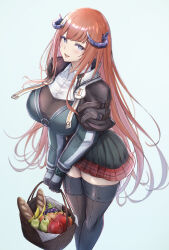 1girl :d absurdres apple arknights bagpipe_(arknights) baguette basket black_thighhighs blue_background blue_eyes bread breasts commentary_request feet_out_of_frame food fruit grapes highres holding holding_basket horns large_breasts long_hair looking_at_viewer miniskirt open_mouth orange_(fruit) orange_hair partial_commentary pear poni_(poni_arknights) red_skirt simple_background skirt smile solo standing thighhighs thighs very_long_hair zettai_ryouiki