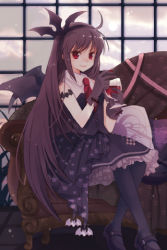 Rule 34 | 1girl, blood, brown hair, couch, cup, dark lore, drinking glass, gloves, gothic lolita, lolita fashion, long hair, lowres, necktie, pantyhose, red eyes, rednian, short hair, sion flina, solo, sword girls, vampire, wine glass, wings