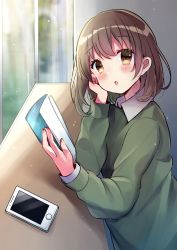 Rule 34 | 1girl, arm support, bad id, bad pixiv id, blurry, blurry background, blush, brown eyes, brown hair, cellphone, collared shirt, commentary request, depth of field, fingernails, green shirt, hair between eyes, hand up, head tilt, highres, holding, long hair, long sleeves, looking at viewer, looking to the side, minami saki, original, parted lips, phone, shirt, solo, white shirt