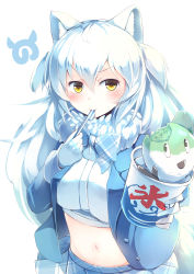 Rule 34 | 10s, 1girl, absurdres, animal ears, arctic wolf (kemono friends), blue coat, blush, bow, bowtie, coat, commentary request, crop top, food, fur collar, gloves, hair bow, highres, ice cream, japari symbol, kanzakietc, kemono friends, long hair, long sleeves, looking at viewer, midriff, plaid, plaid bow, plaid bowtie, plaid neckwear, plaid skirt, skirt, smile, solo, two side up, utensil in mouth, white gloves, white hair, wolf ears, yellow eyes