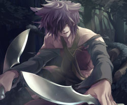 Rule 34 | 1boy, animal ears, cat ears, cat tail, dual wielding, foreshortening, forest, hair over one eye, hans humpty, highres, holding, knife, looking at viewer, male focus, nature, open mouth, otaki55, outdoors, rokka no yuusha, solo, tail, torn clothes, tree, yellow eyes