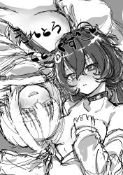Rule 34 | 2girls, ahoge, bare shoulders, blush, breasts, breasts out, choker, collarbone, covering breasts, covering privates, crop top, elegg (nikke), goddess of victory: nikke, greyscale, hair intakes, hair ornament, hair over eyes, large breasts, long bangs, medium breasts, monochrome, multiple girls, mutsui, short hair, trony (nikke)