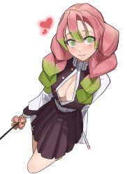 Rule 34 | 1girl, absurdres, blush, breasts, cleavage, cleavage cutout, clothing cutout, green eyes, highres, holding, holding sword, holding weapon, kimetsu no yaiba, large breasts, lewdrawings, mole, mole under each eye, mole under eye, multiple moles, pink hair, self-upload, skirt, solo, sword, thighs, uniform, weapon