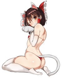 Rule 34 | 1girl, absurdres, animal ears, animal hands, ass, bare shoulders, benikurage (cookie), benjamin button suukina jinsei, bikini, blush, bow, breasts, brown hair, cat ears, cat tail, cookie (touhou), gloves, grin, hair bow, hair tubes, hakurei reimu, highres, kemonomimi mode, looking at viewer, one eye closed, orange eyes, red bikini, red bow, simple background, small breasts, smile, solo, swimsuit, tail, thighhighs, thong, thong bikini, touhou, white background, white gloves, white thighhighs