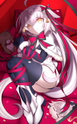 Rule 34 | 2girls, = =, absurdres, ahoge, bdsm, bell, bikini, bikini top only, black bikini, black gloves, black legwear, bondage, boots, bound, breasts, capelet, chibi, confetti, couch, covering own eyes, crying, crying with eyes open, dress, elbow gloves, fate/grand order, fate (series), fur trim, gloves, green ribbon, hair ribbon, headpiece, highres, jeanne d&#039;arc (fate), jeanne d&#039;arc (ruler) (fate), jeanne d&#039;arc alter (avenger) (fate), jeanne d&#039;arc alter (fate), jeanne d&#039;arc alter santa lily (fate), long hair, lying, multiple girls, on side, paperfinger, pillow, red ribbon, ribbon, ribbon bondage, shade, short dress, silver hair, small breasts, solo focus, striped ribbon, stuffed animal, stuffed toy, swimsuit, tears, teddy bear, thighhighs, thighs, very long hair, white dress, yellow eyes