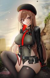 Rule 34 | 1girl, artist name, belt pouch, beret, black gloves, black hat, black jacket, black shirt, black thighhighs, breasts, closed mouth, collared shirt, cropped jacket, eyelashes, gloves, goddess of victory: nikke, hat, highres, jacket, large breasts, light brown hair, long hair, looking at viewer, necktie, outdoors, pouch, rapi (nikke), red eyes, red gloves, red jacket, red necktie, sae illust, shirt, sitting, smile, solo, thighhighs, two-sided fabric, two-sided jacket, two-tone gloves, watermark