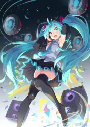 Rule 34 | 1girl, absurdres, ahoge, armpits, bare shoulders, black background, black footwear, black skirt, black thighhighs, blue hair, blue necktie, blush, boots, collared shirt, commentary request, gradient background, green eyes, grey shirt, hands up, hatsune miku, headphones, highres, hinoki yuu, long hair, necktie, open mouth, pleated skirt, shirt, skirt, sleeveless, sleeveless shirt, solo, speaker, teeth, thigh boots, thighhighs, tie clip, twintails, upper teeth only, very long hair, vocaloid, white background