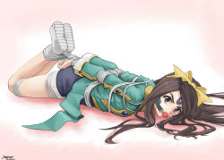 Rule 34 | 1girl, 2014, aa megami-sama, angry, bad id, bad pixiv id, bdsm, bondage, bound, bow, brown eyes, brown hair, dated, facial mark, forehead mark, gag, gagged, hair bow, highres, hogtie, legs up, long hair, looking at viewer, lying, on stomach, shorts, skuld (aa megami-sama), solo, stormcow