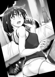 Rule 34 | 1girl, aya shachou, camisole, cellphone, female focus, glowing, glowing eyes, greyscale, looking back, monochrome, open mouth, outstretched hand, panties, phone, short hair, solo, sweatdrop, touhou, underwear, underwear only, usami renko