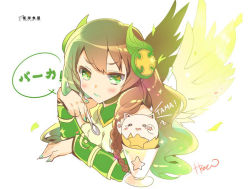 Rule 34 | 1girl, bare shoulders, blush, braid, brown hair, cup, elbow rest, feathered wings, fingernails, green eyes, green lips, green nails, green valkyrie (p&amp;d), hair ornament, heco (mama), holding, holding spoon, lipstick, long hair, looking at viewer, makeup, nail polish, petals, puzzle &amp; dragons, simple background, single braid, sleeveless, solo, spoon, star (symbol), tamadra, valkyrie, valkyrie (p&amp;d), vambraces, wavy hair, white background, wings, wood valkyrie (p&amp;d)